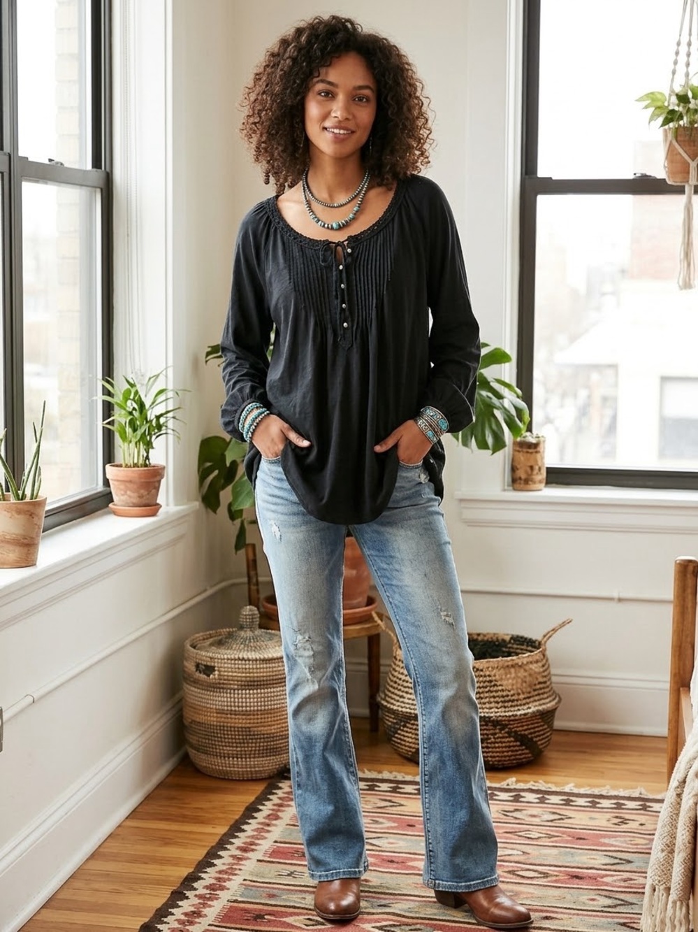 Ralph Lauren Denim & Supply Boho Peasant Whimsygoth Black Top XL